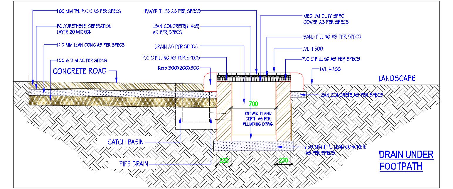 Footpath Drain CAD Drawing with Concrete Road Details